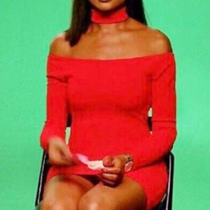 Red Turtle Neck Strap Fitted Mini Dress